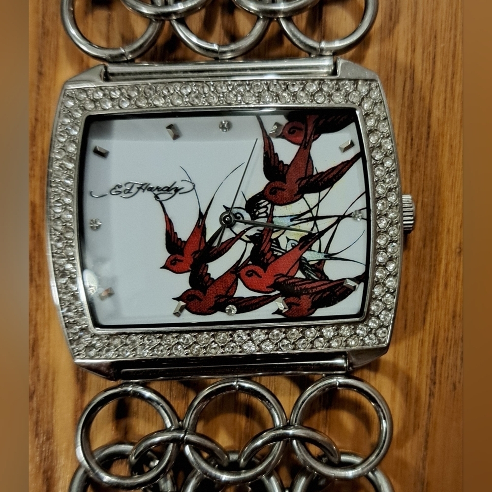 EUC Vintage Y2K Ed Hardy Silver Lynx Sparrow Casual Moto Goth Watch Jewelry - Picture 3 of 5